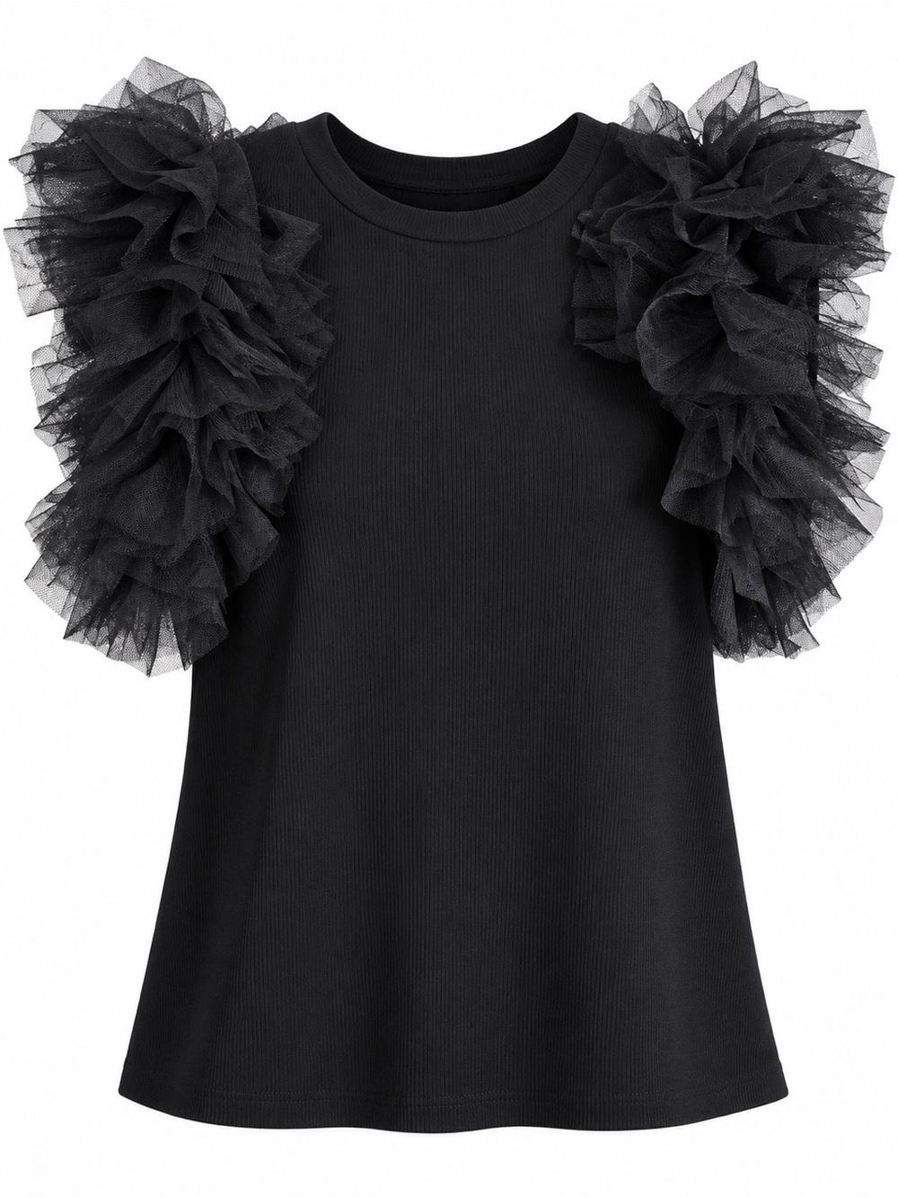 entro Black Short Sleeve Top with Tulle Ruffle Sleeves